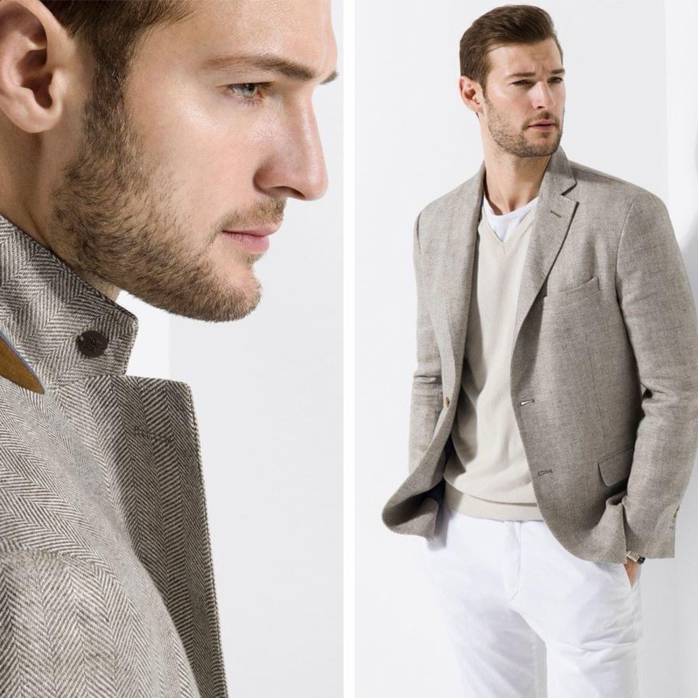 Massimo Dutti Mens Blazer Beige Extrafine Linen Sport Jacket Elbow Patch Size 40